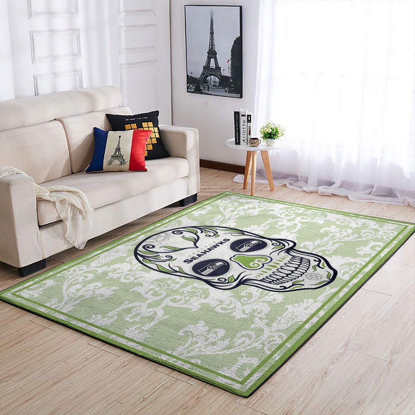 Seattle Seahawks Nfl Team Logo Skull Flower Style Nice Gift Home Decor Rectangle Area Rug - Indoor Outdoor Rugs