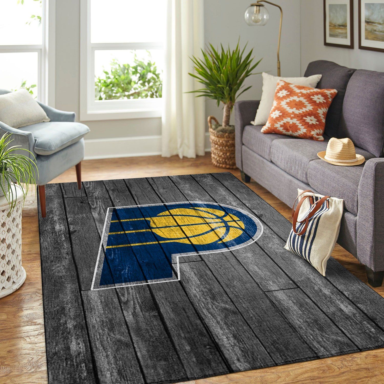 Indiana Pacers Nba Team Logo Grey Wooden Style Nice Gift Home Decor Rectangle Area Rug - Indoor Outdoor Rugs