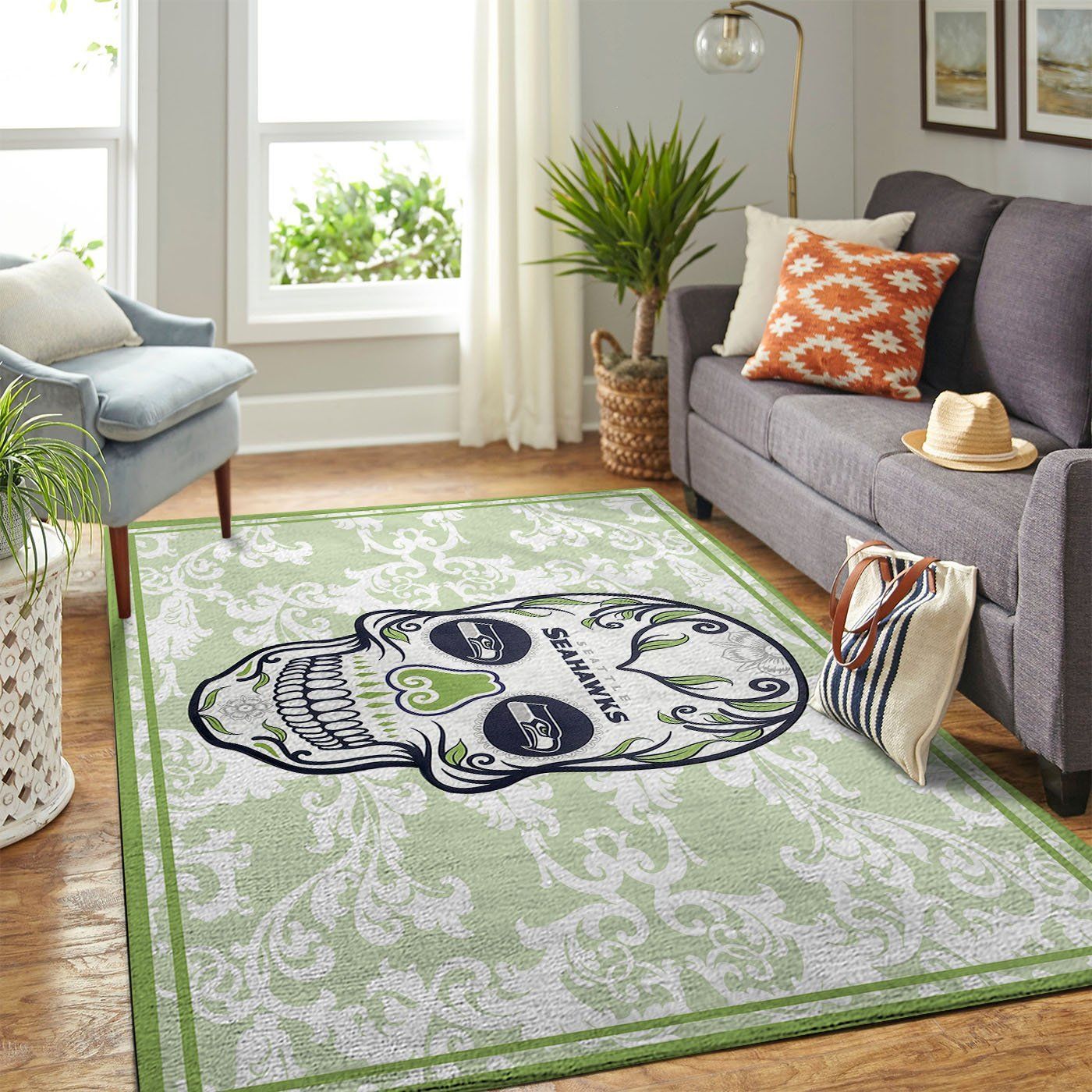 Seattle Seahawks Nfl Team Logo Skull Flower Style Nice Gift Home Decor Rectangle Area Rug - Indoor Outdoor Rugs