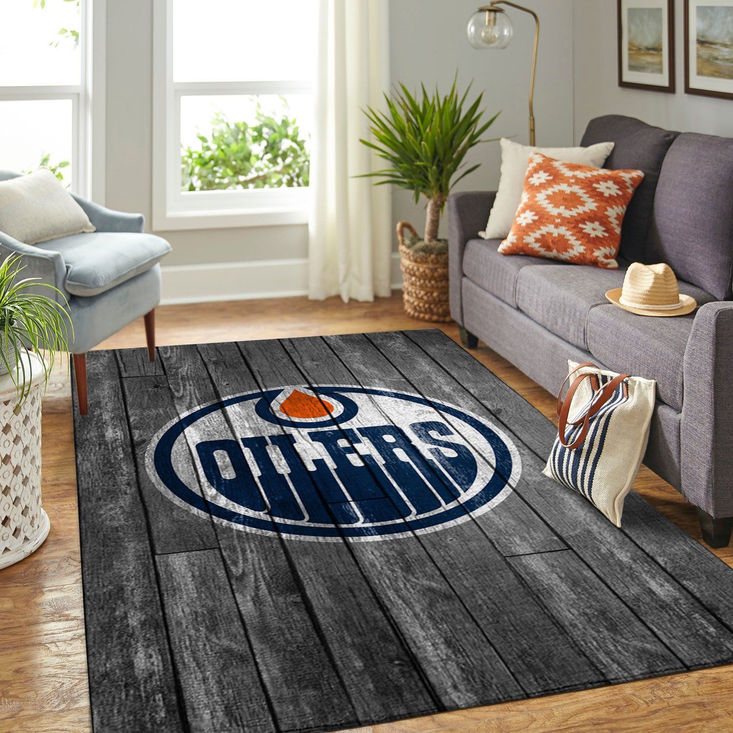 Edmonton Oilers Nhl Team Logo Grey Wooden Style Nice Gift Home Decor Rectangle Area Rug - Indoor Outdoor Rugs