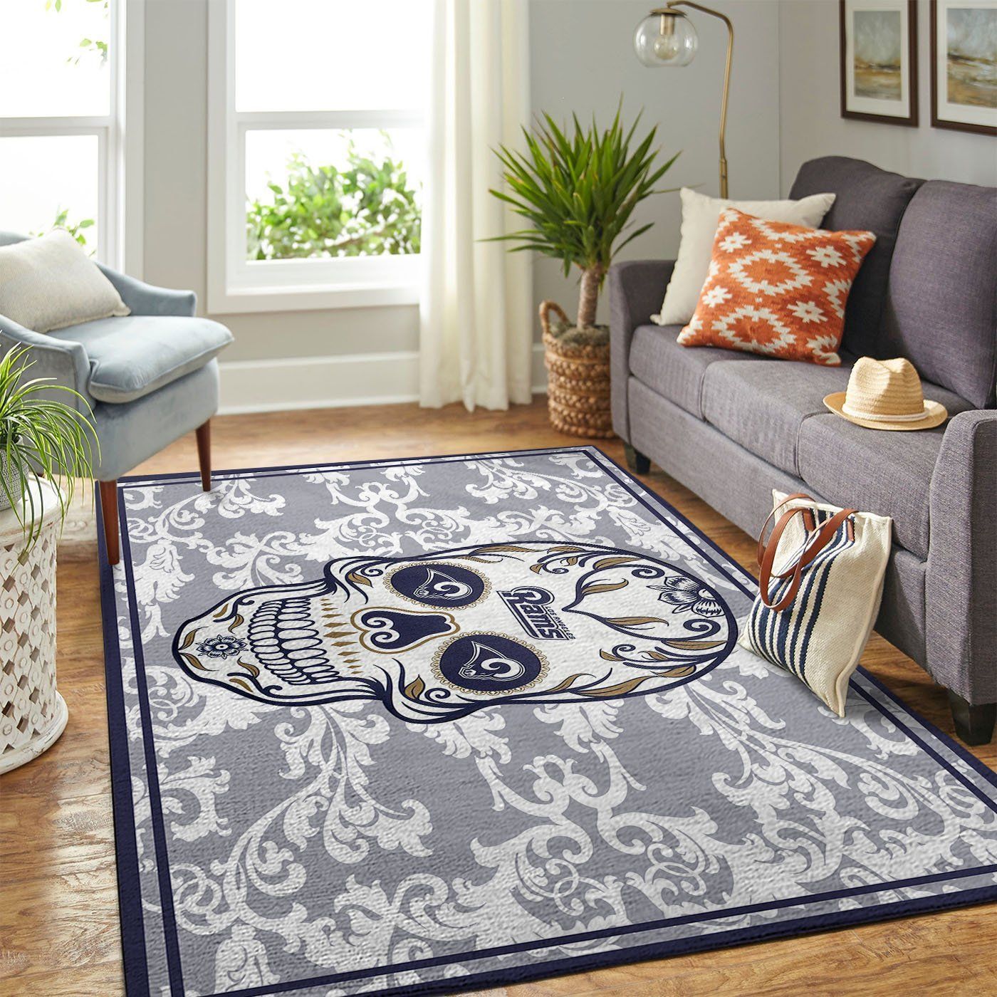 Los Angeles Rams Nfl Team Logo Skull Flower Style Nice Gift Home Decor Rectangle Area Rug - Indoor Outdoor Rugs