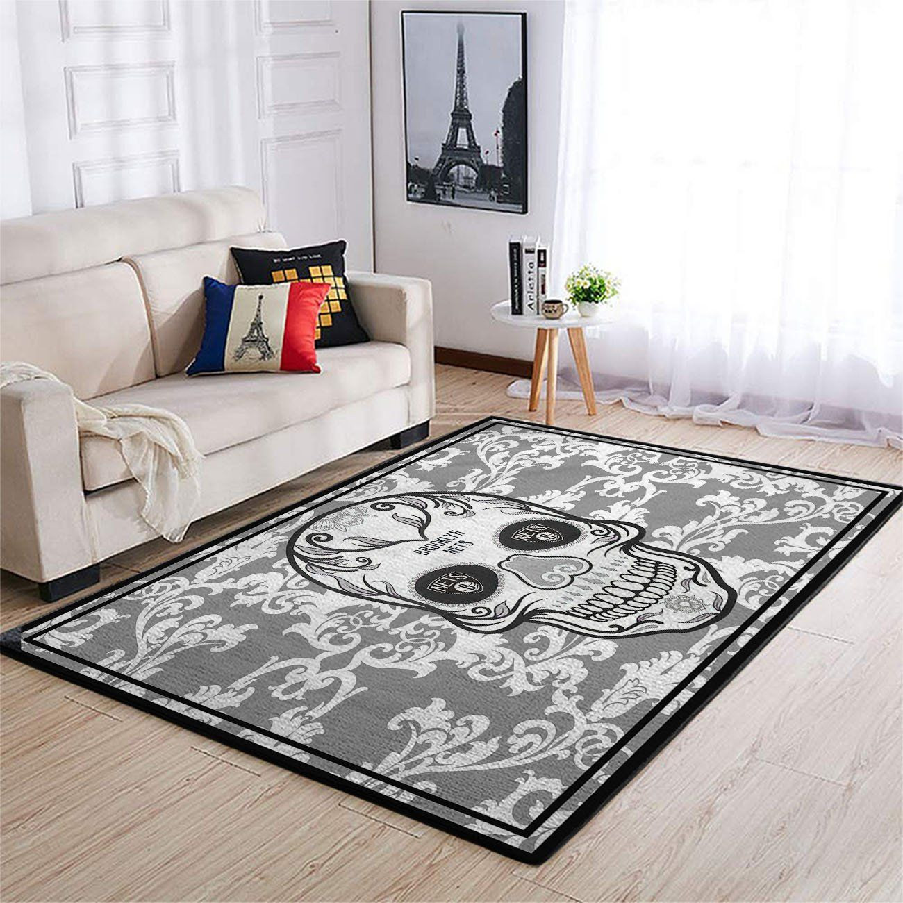 Brooklyn Nets Nba Team Logo Skull Flower Style Nice Gift Home Decor Rectangle Area Rug - Indoor Outdoor Rugs