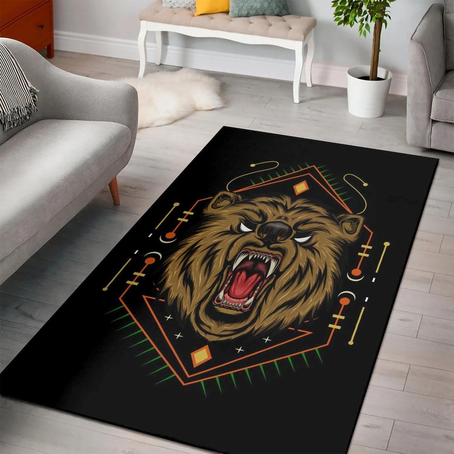 Bear Head Illustration  Living Room Area Rug, Room Decor, Floor Decor Home Decor - Indoor Outdoor Rugs