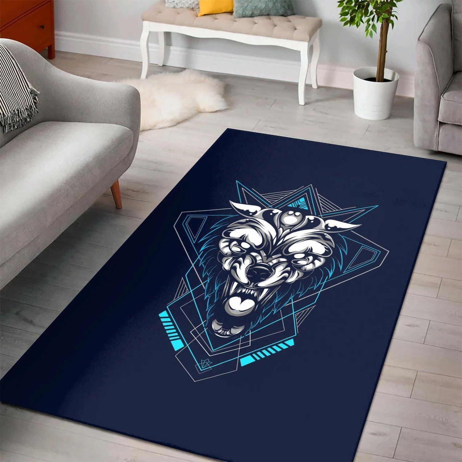 Blue Wolf Geometry  Living Room Area Rug, Room Decor, Floor Decor Home Decor - Indoor Outdoor Rugs