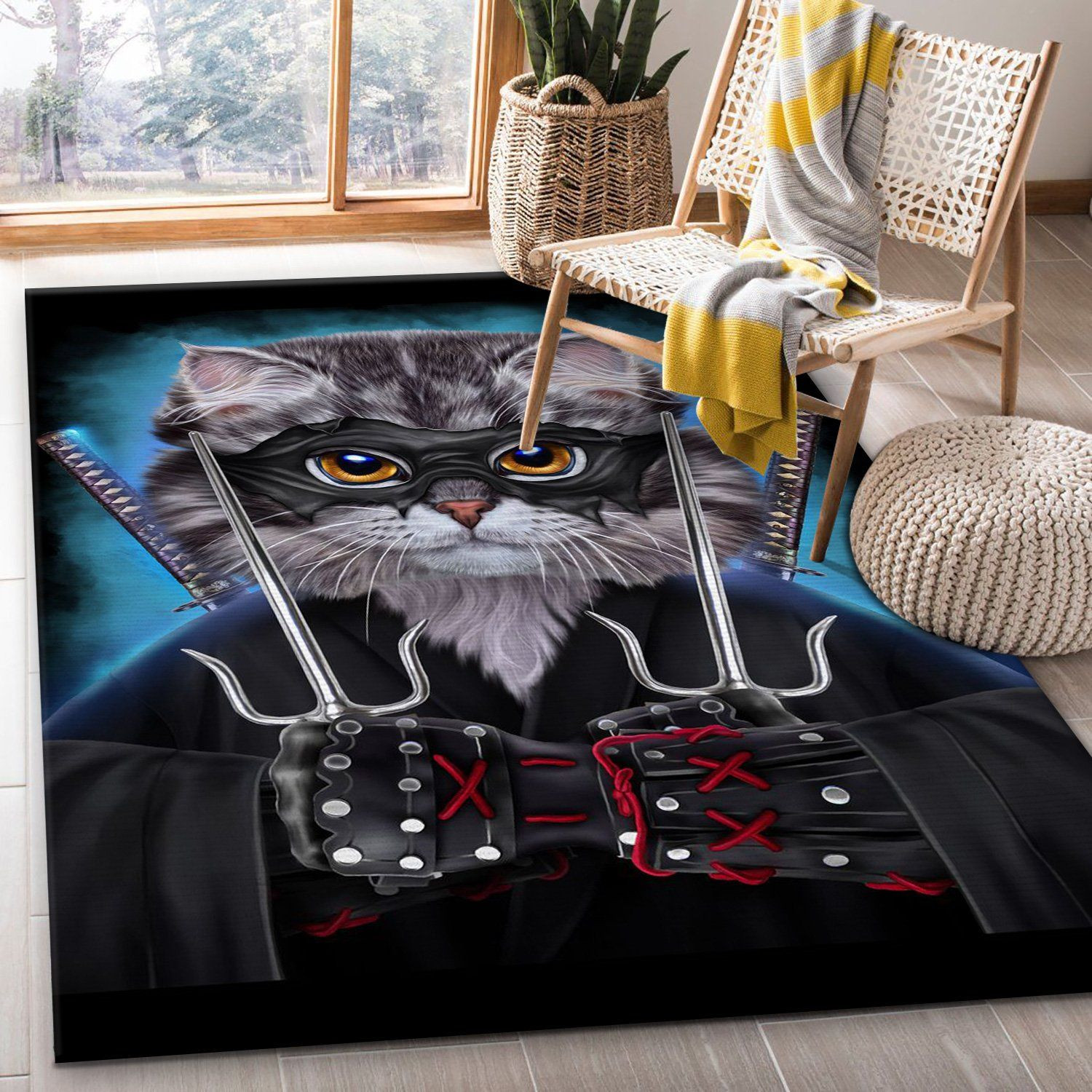 Ninja Cat Japanese Warrior Area Rug Carpet Kitchen Rug US Gift Decor - Indoor Outdoor Rugs