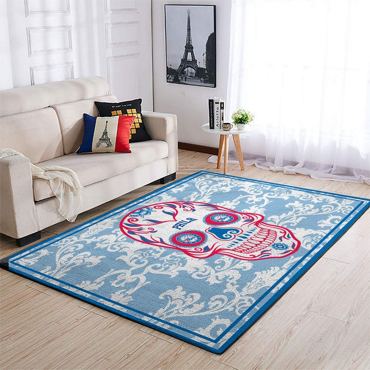 Philadelphia 76ers Nba Team Logo Skull Flower Style Nice Gift Home Decor Rectangle Area Rug - Indoor Outdoor Rugs