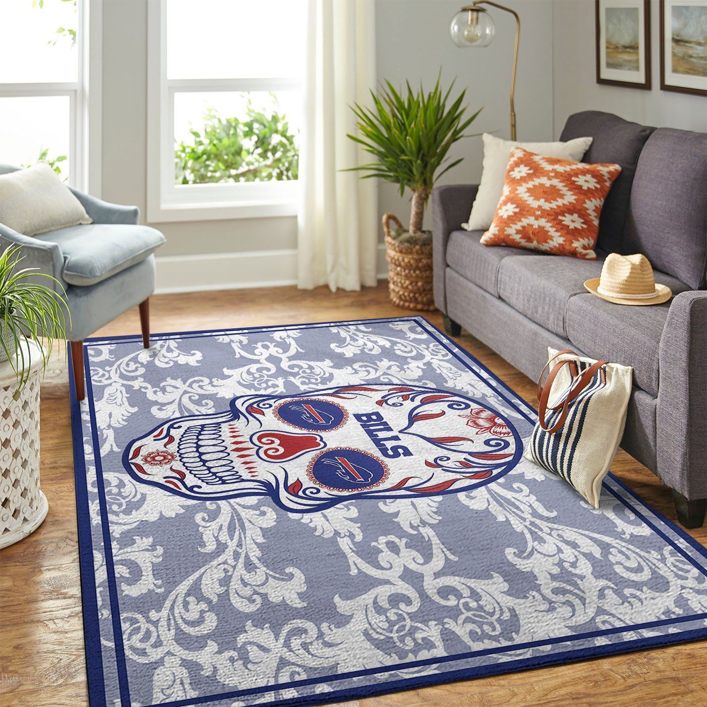 Buffalo Bills Nfl Team Logo Skull Flower Style Nice Gift Home Decor Rectangle Area Rug - Indoor Outdoor Rugs