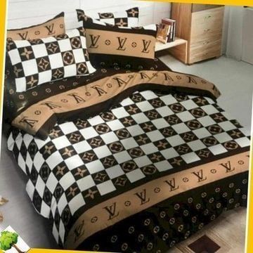 Louis Vuiton Brown White 4 Bedding Sets Duvet Cover Sheet Cover Pillow Cases Luxury Bedroom Sets