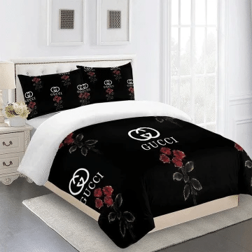 Gucci Rose Black Bedding Sets Duvet Cover Sheet Cover Pillow Cases Luxury Bedroom Sets