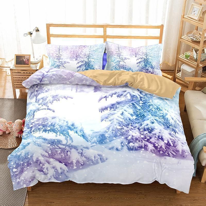 3D Natural Scenery Snow Scene Bedding Cover Set Queen Size Pink Bedding Bule