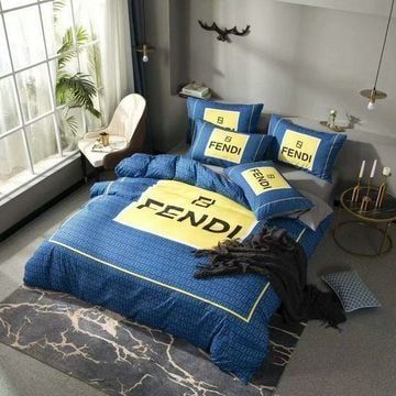 Fendi Blue Yellow 1 Bedding Sets Duvet Cover Sheet Cover Pillow Cases Luxury Bedroom Sets