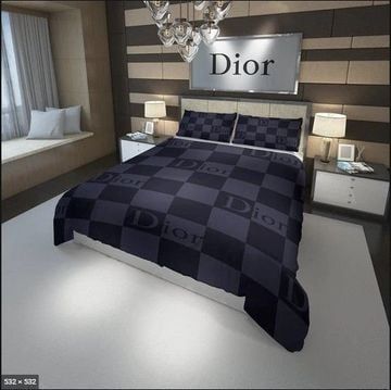 Dior Checked Blue Bedding Sets Duvet Cover Sheet Cover Pillow Cases Luxury Bedroom Sets