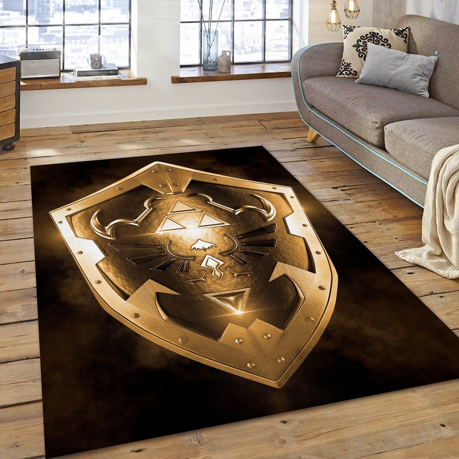 3d Hylian Shield Gold Edition Area Rug Carpet, Bedroom Rug - US Gift Decor - Indoor Outdoor Rugs