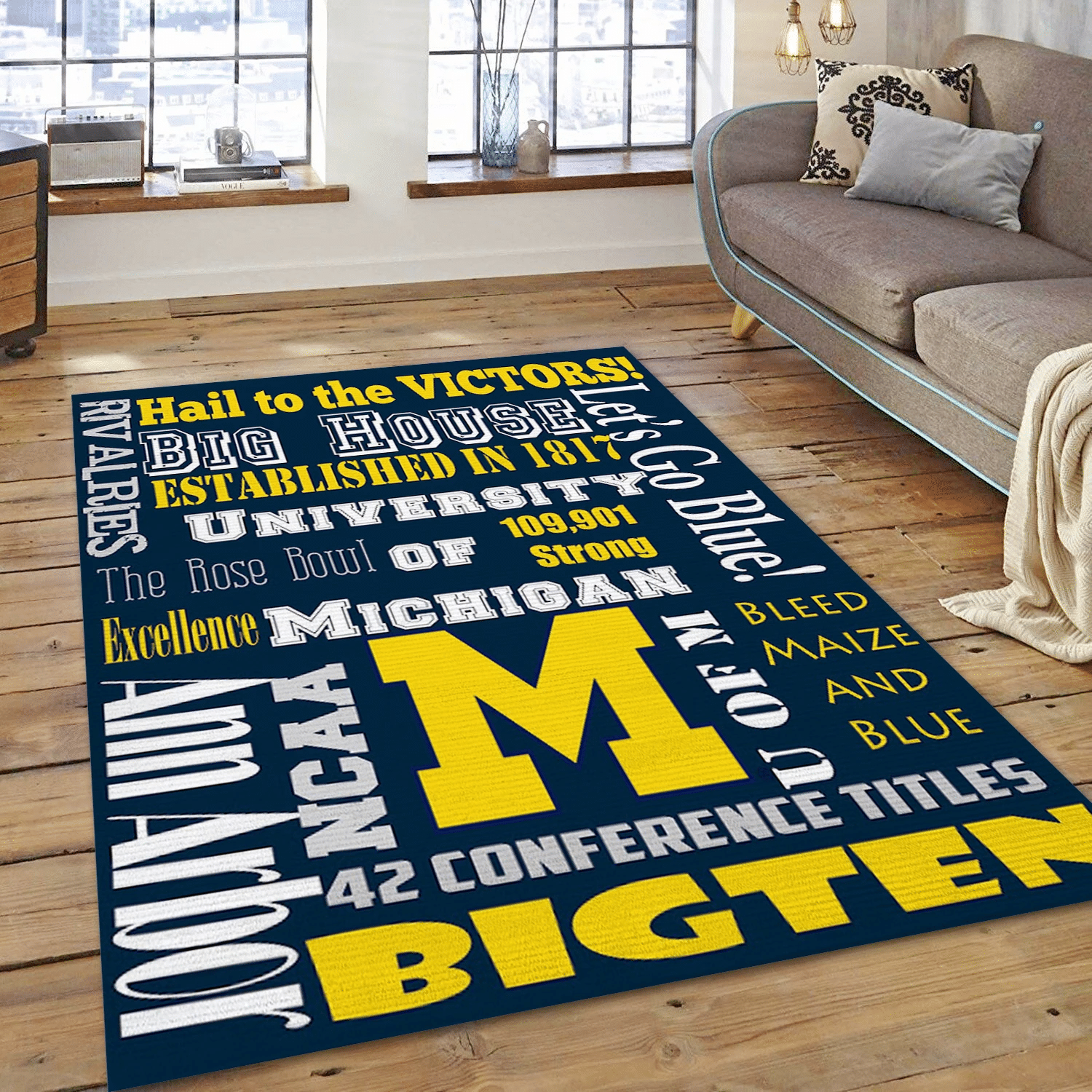 Michigan Wolverines Printable Subway Art Area Rug, Bedroom Rug - Family Gift US Decor - Indoor Outdoor Rugs