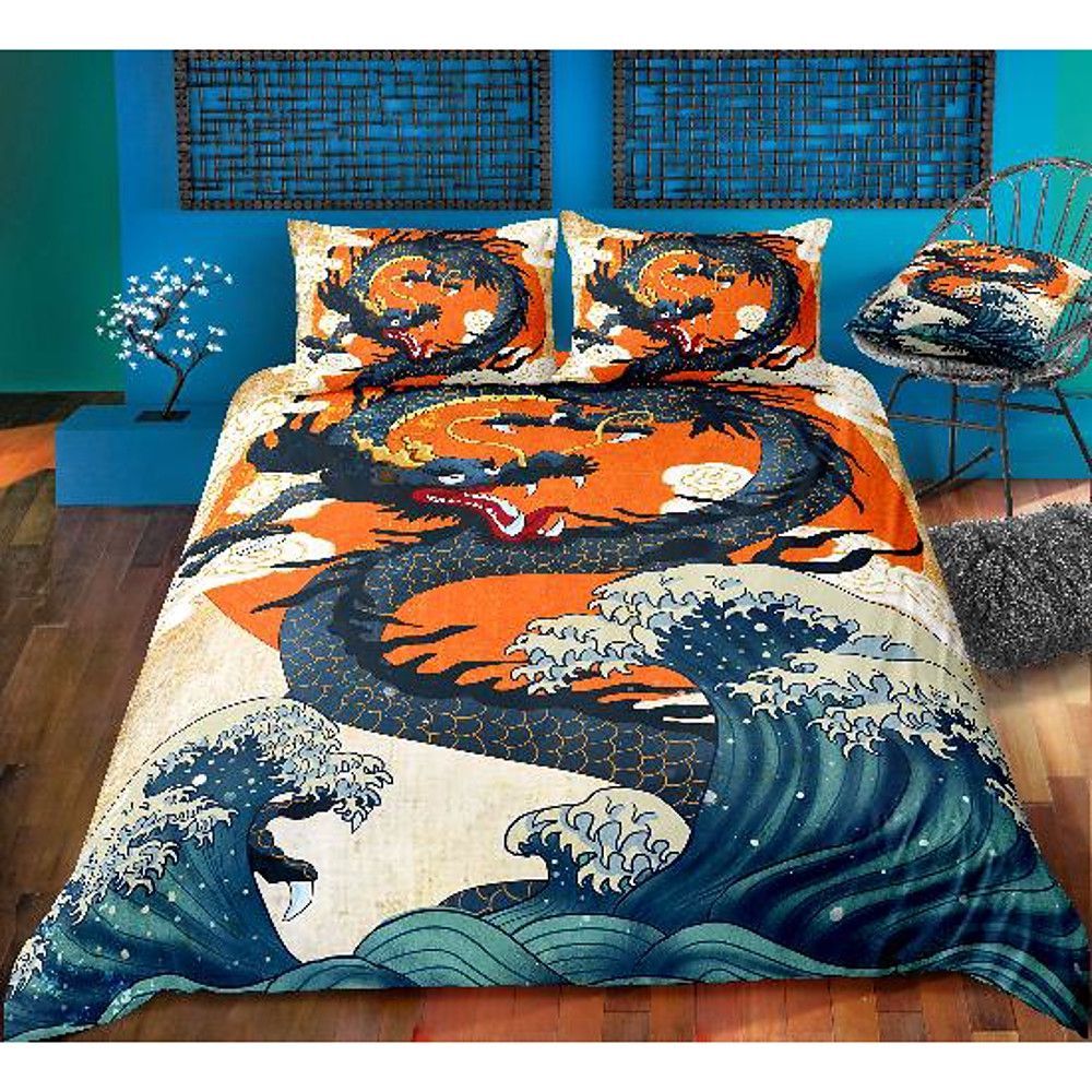 Ukiyo Waves And Dragon Bedding Set Cotton Bed Sheets Spread Comforter Duvet Cover Bedding Sets