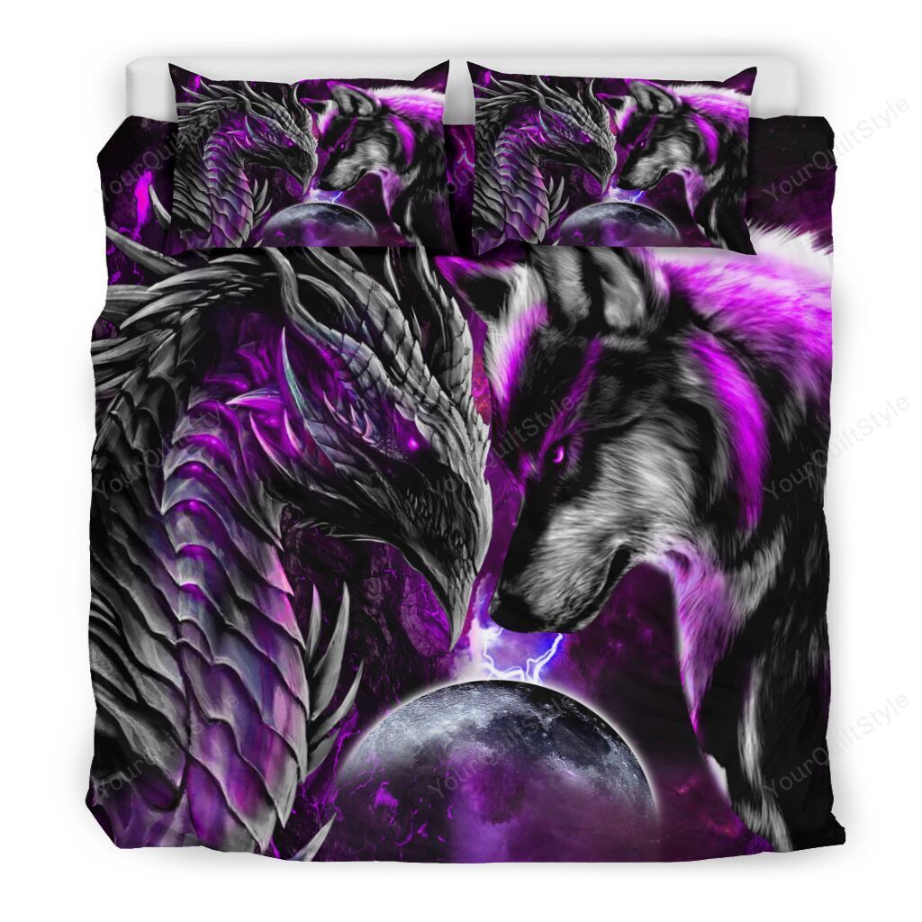 Dragon Vs Purple Wolf Quilt Bedding Set