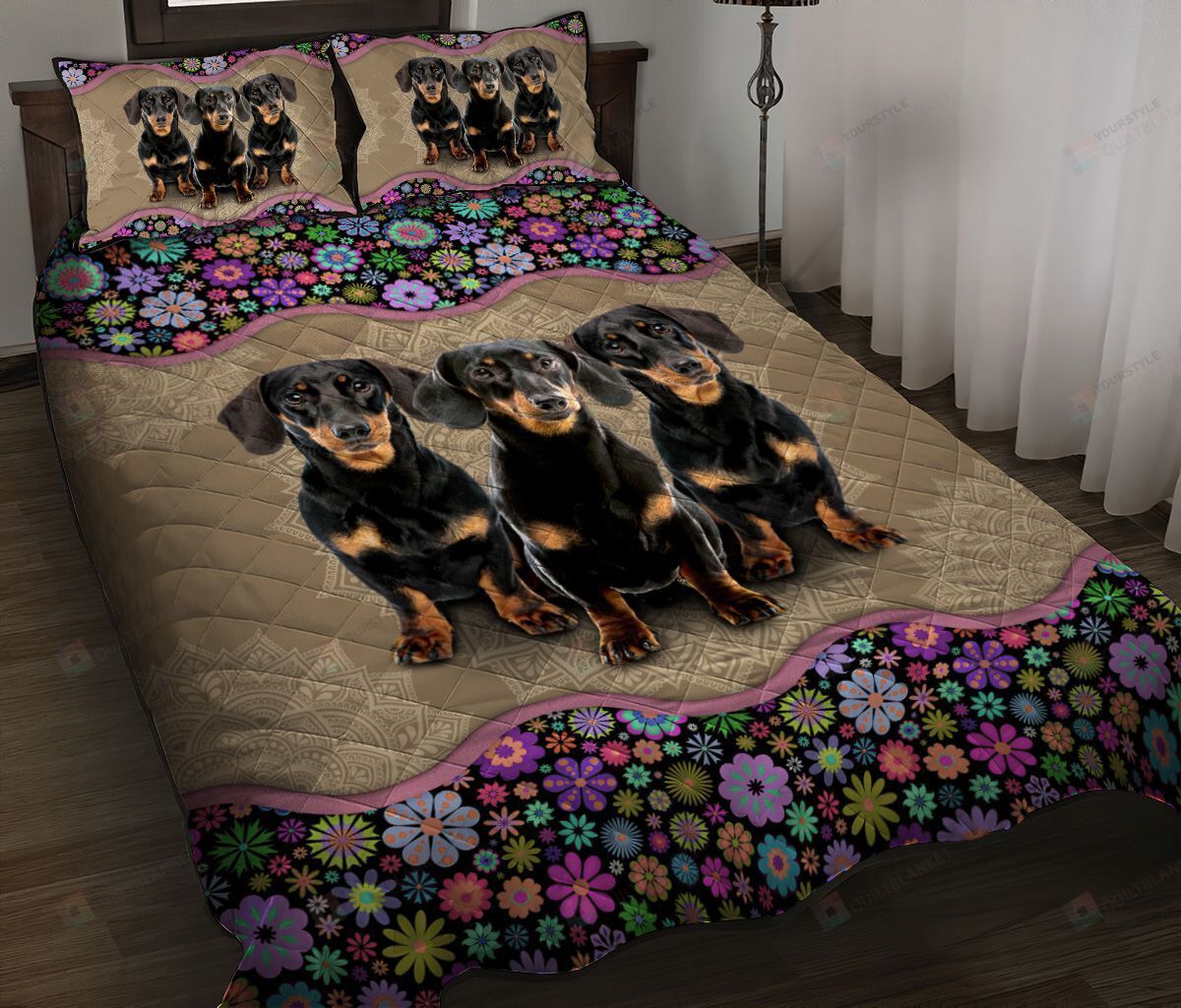 Dachshund Flower Pattern Quilt Bedding Set