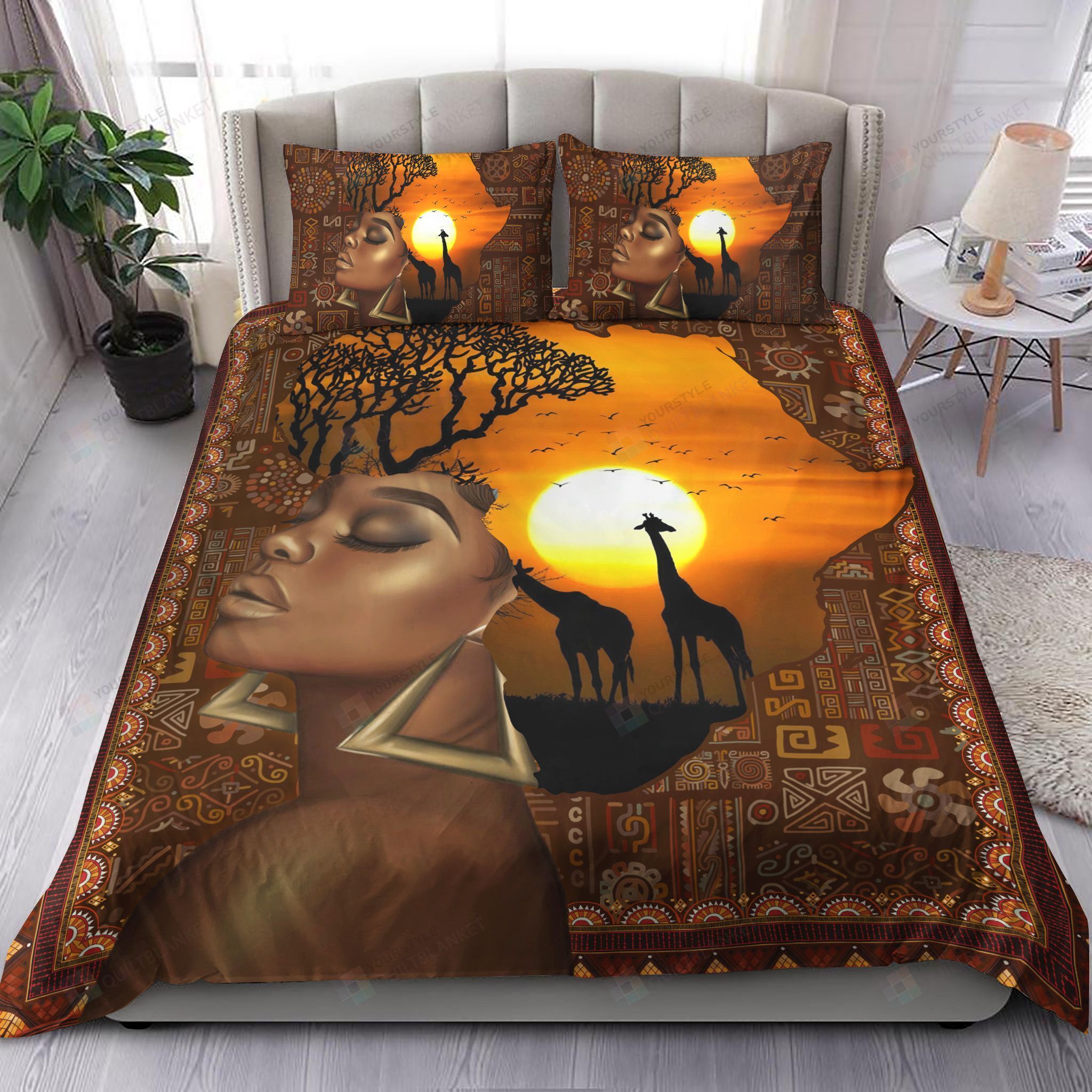 African Woman And Giraffe Bedding Set Bed Sheets Spread Comforter Duvet Cover Bedding Sets