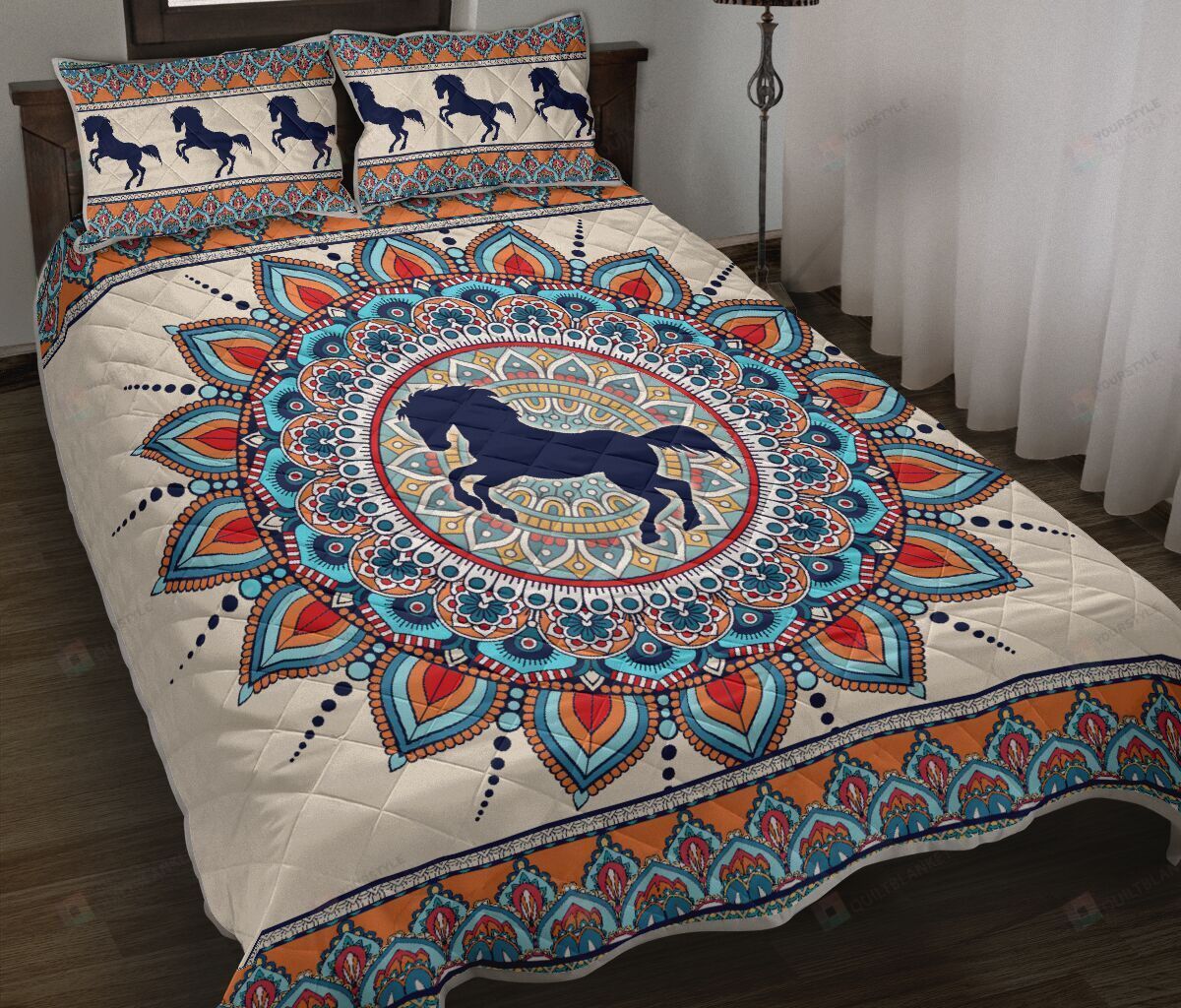 Horse Ornamental Mandala Color Vector Quilt Bedding Set