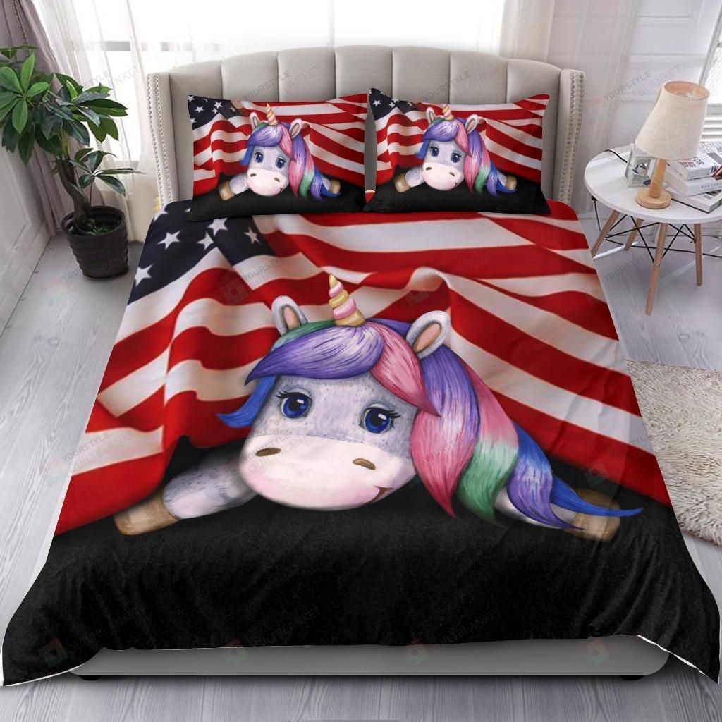 Unicorn And American Flag Bedding Set Unique Patriotic Gift Bed Sheets Spread Comforter Duvet Cover Bedding Sets
