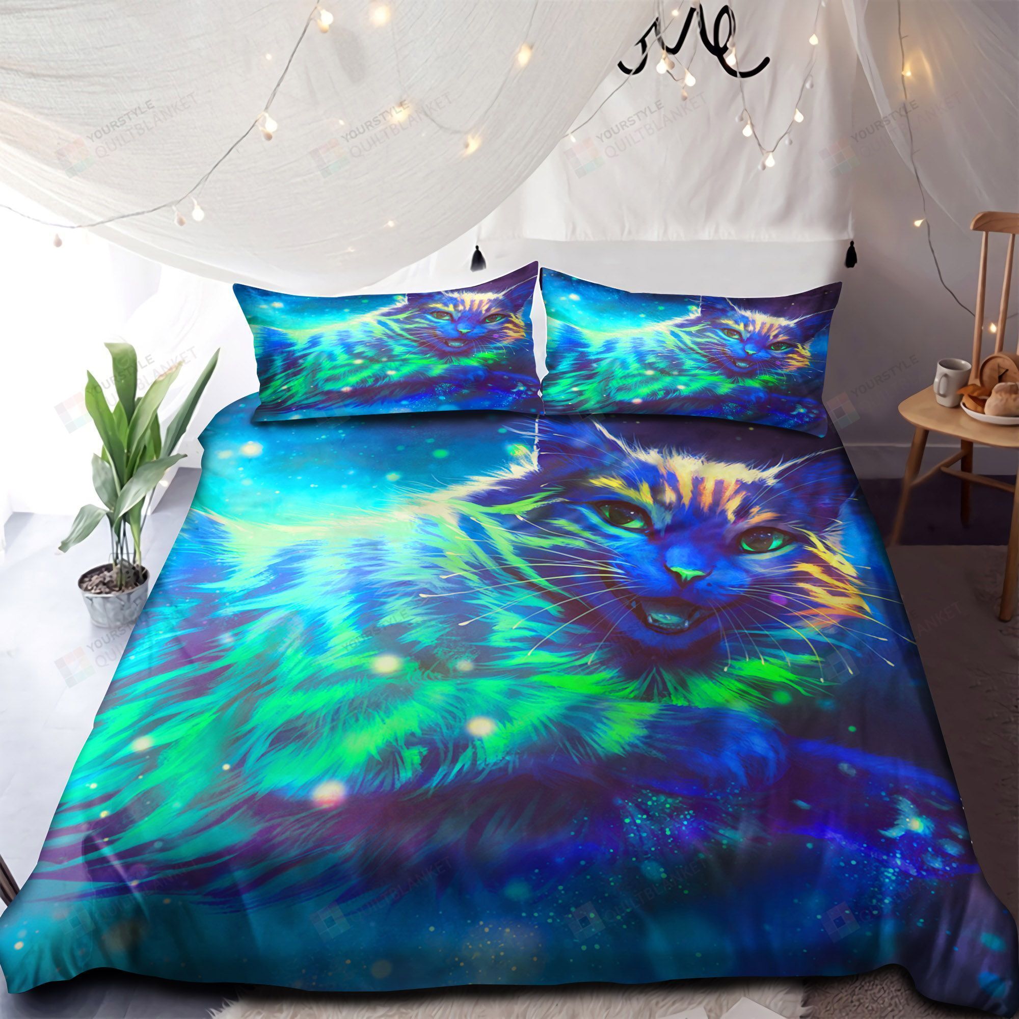 Neon Cat Bed Sheets Duvet Cover Bedding Set