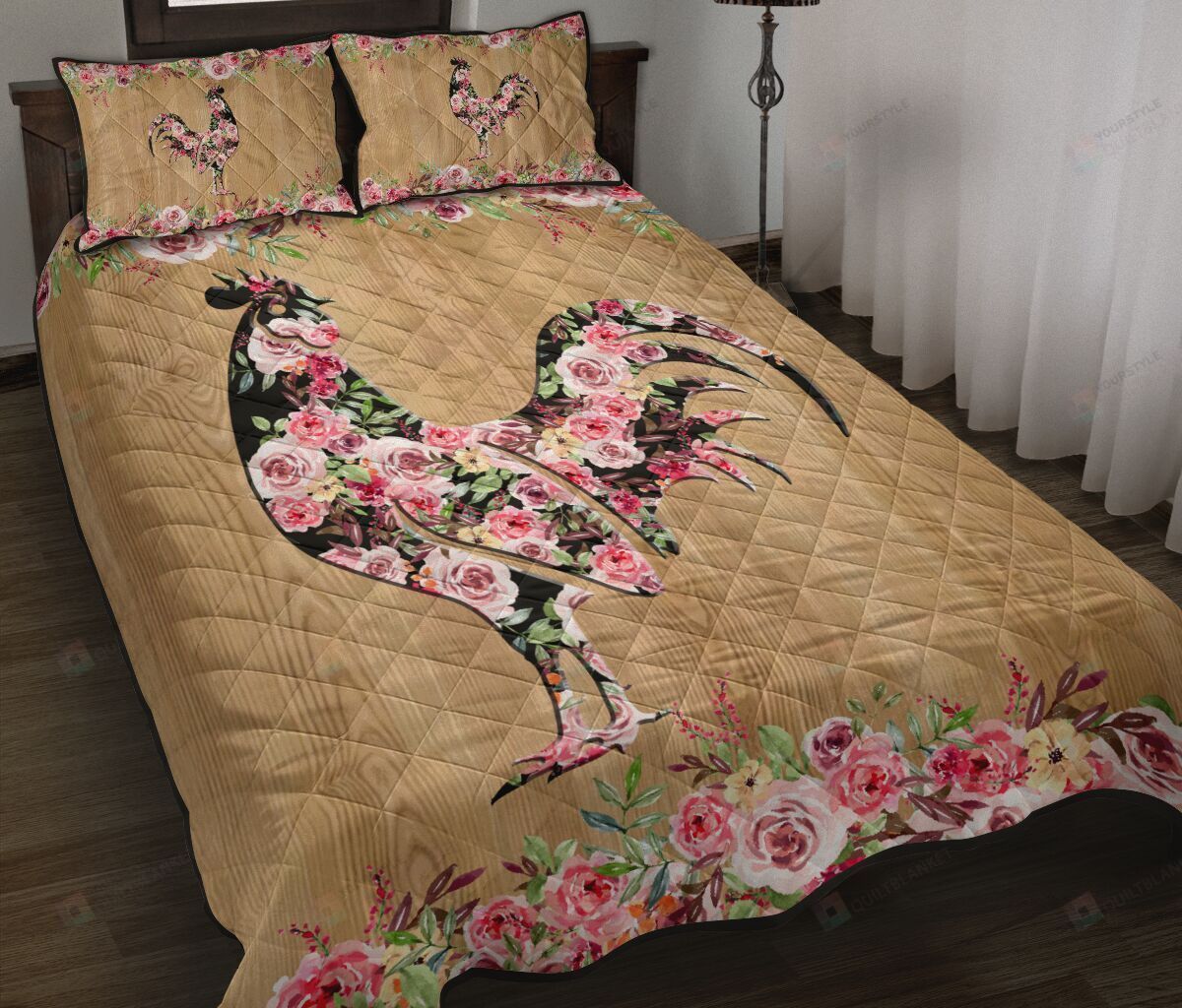 Chicken Flower Wood Style Quilt Bedding Set