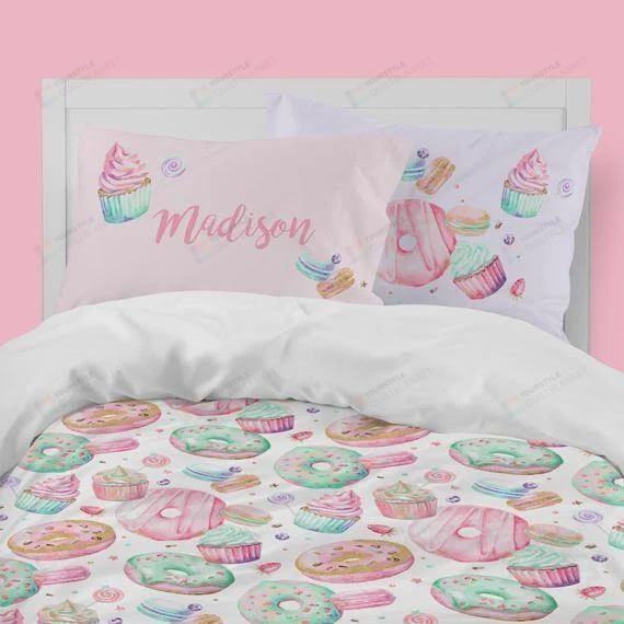 Girls Room Bedding, Dessert, Donut, Ice Cream, Macaron, Bedding Set (Duvet Cover & Pillow Cases)