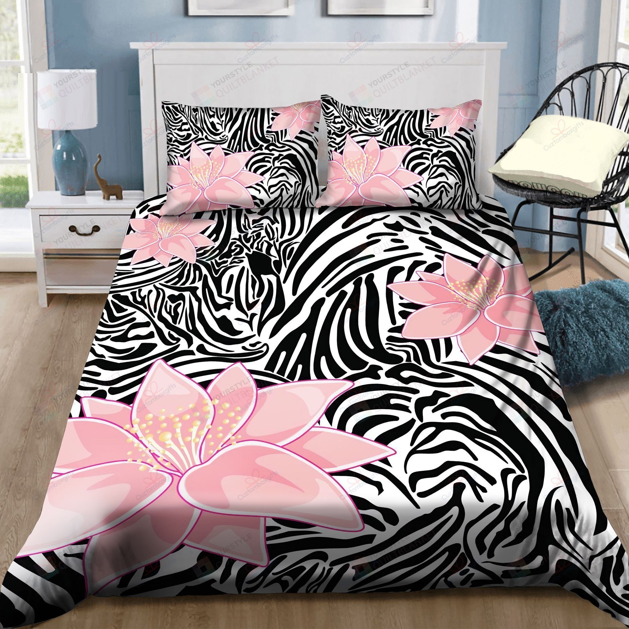 Pink Lily Zebra Print Bedding Set (Duvet Cover & Pillow Cases)