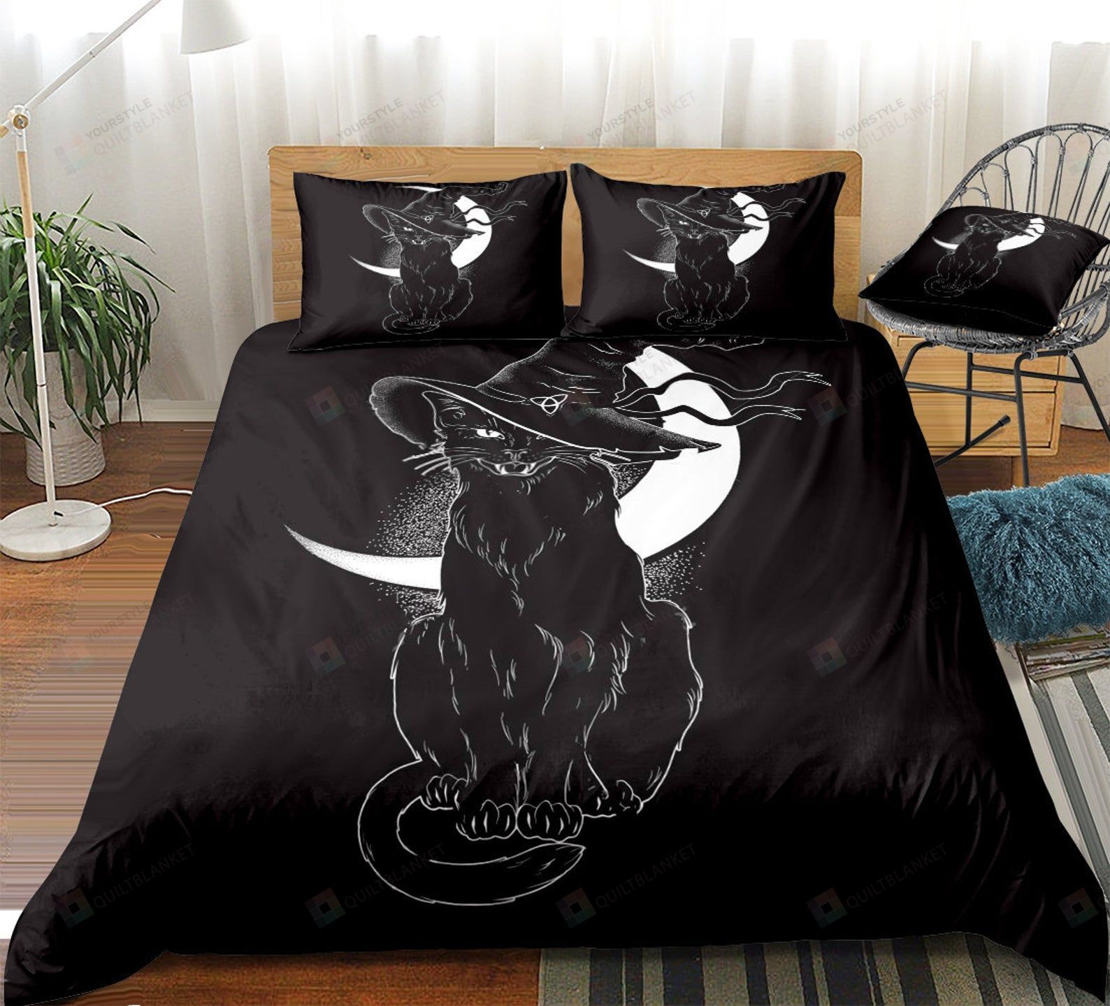 Black Cat With Witch Hat Bedding Set Bed Sheets Spread Comforter Duvet Cover Bedding Sets