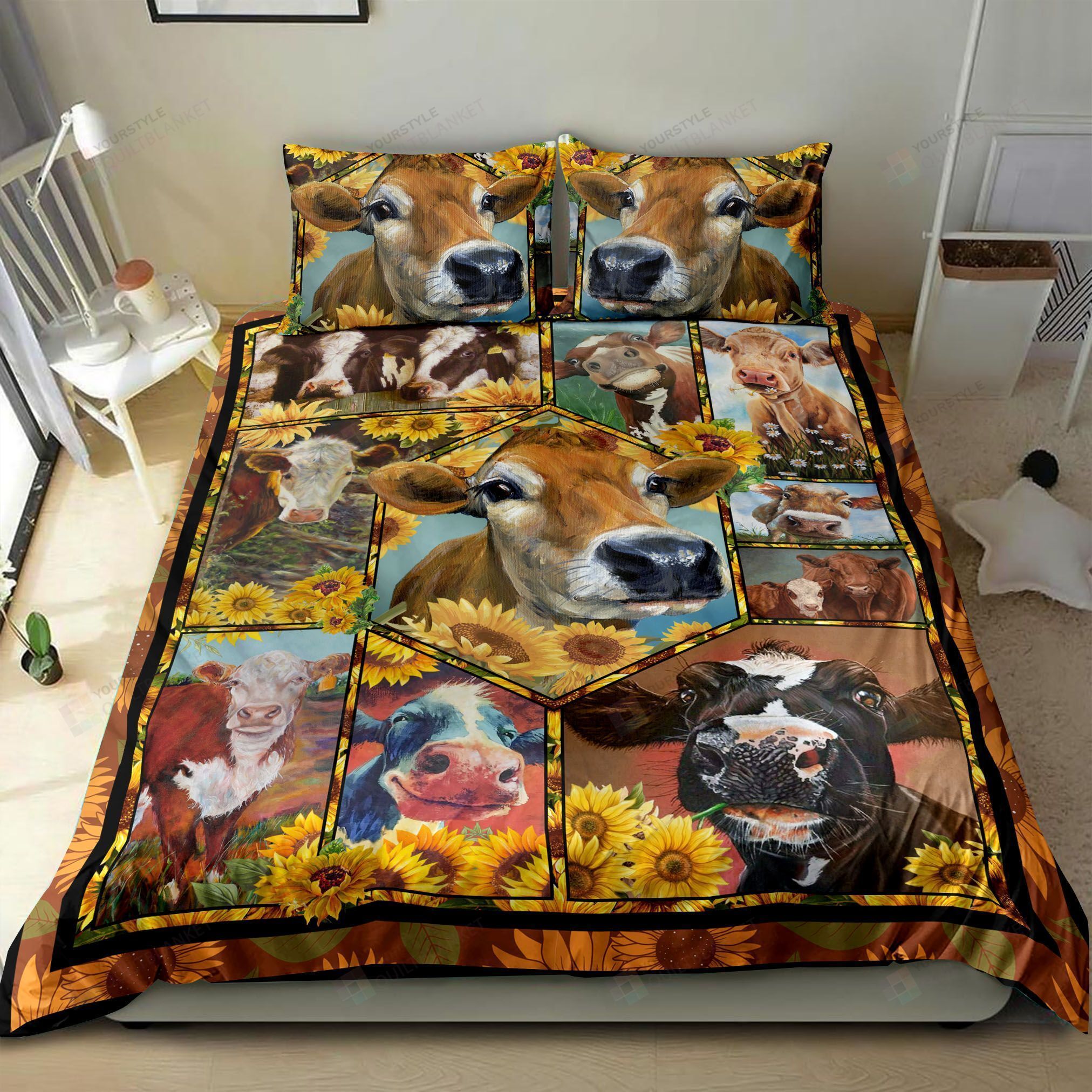 Cow And Sunflower Bedding Set Bed Sheets Spread Comforter Duvet Cover Bedding Sets