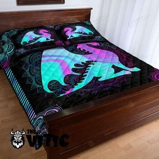 Mandala Dragon Black Neon Quilt Bedding Set