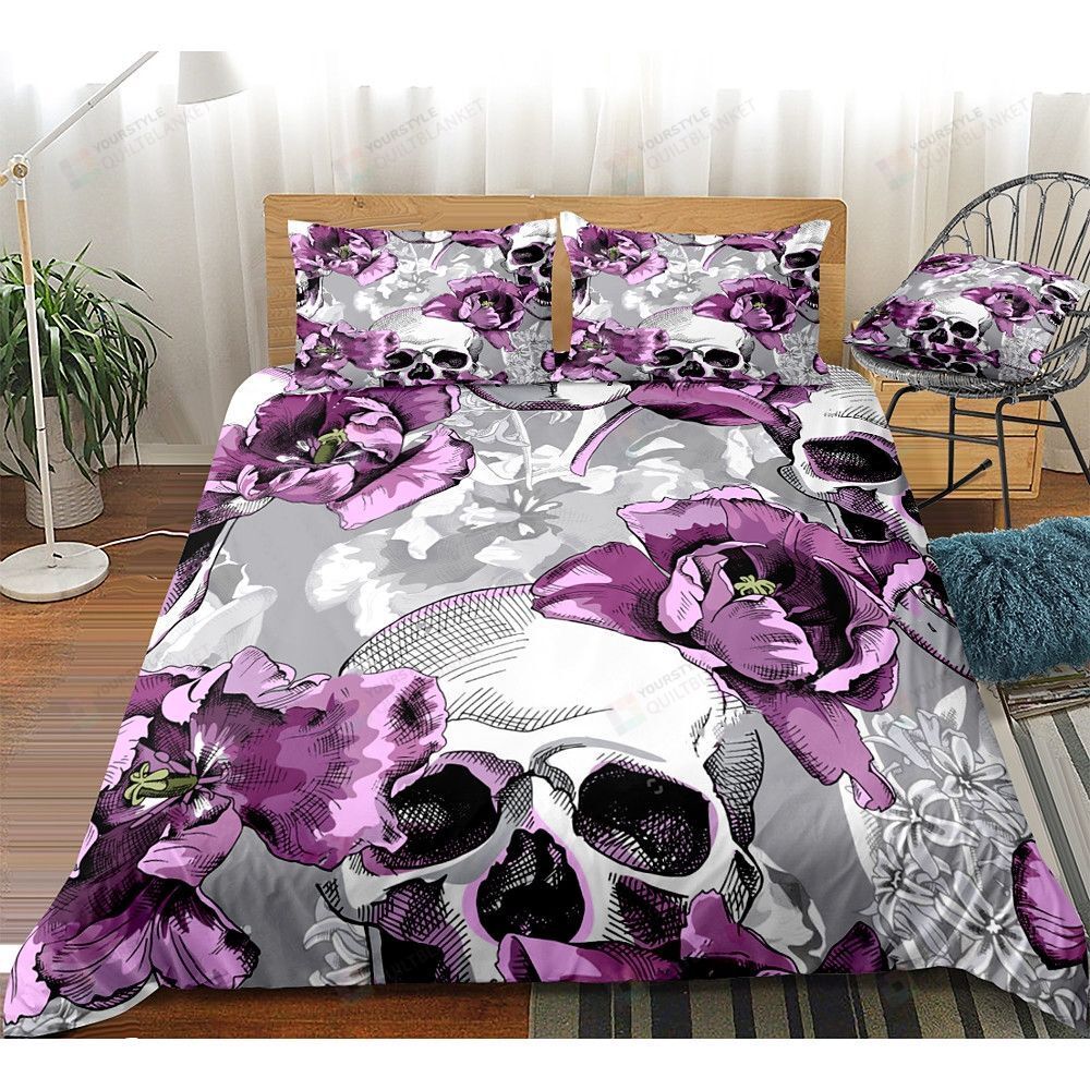 Skull With Purple Flower Bedding Set Cotton Bed Sheets Spread Comforter Duvet Cover Bedding Sets