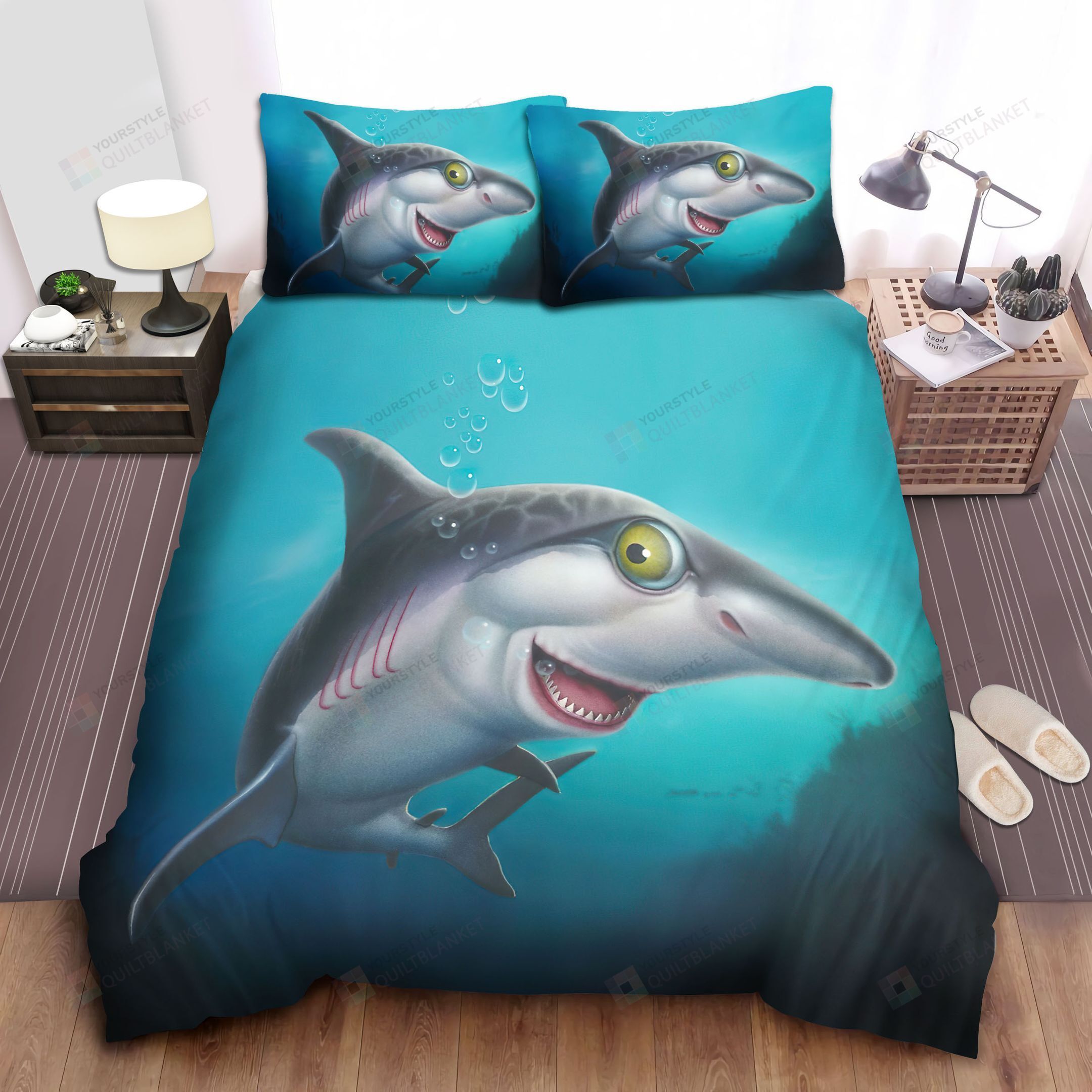 Happy Shark Bed Sheets Spread Comforter Duvet Cover Bedding Sets