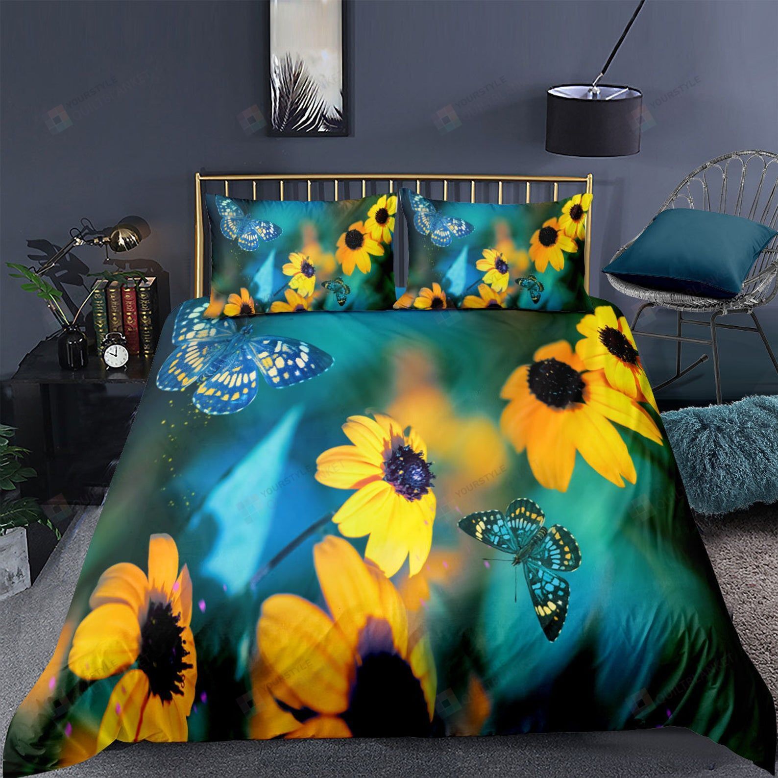 Blue Butterflies And Flower Bed Sheets Duvet Cover Bedding Sets