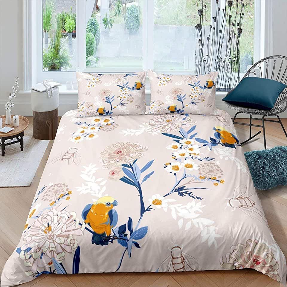 Parrot And Blossom Floral Pattern Bedding Set Bed Sheets Spread Comforter Duvet Cover Bedding Sets
