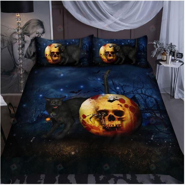 Halloween Skull Black Cat Bed Sheets Duvet Cover Bedding Set