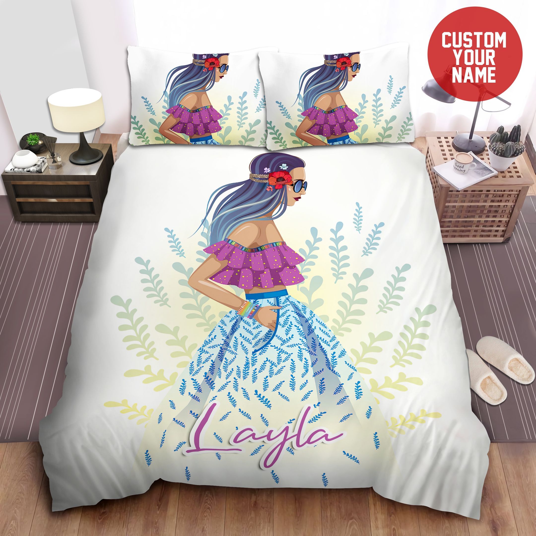 Fashion Hippie Girl Drawing Custom Name Duvet Cover Bedding Sets