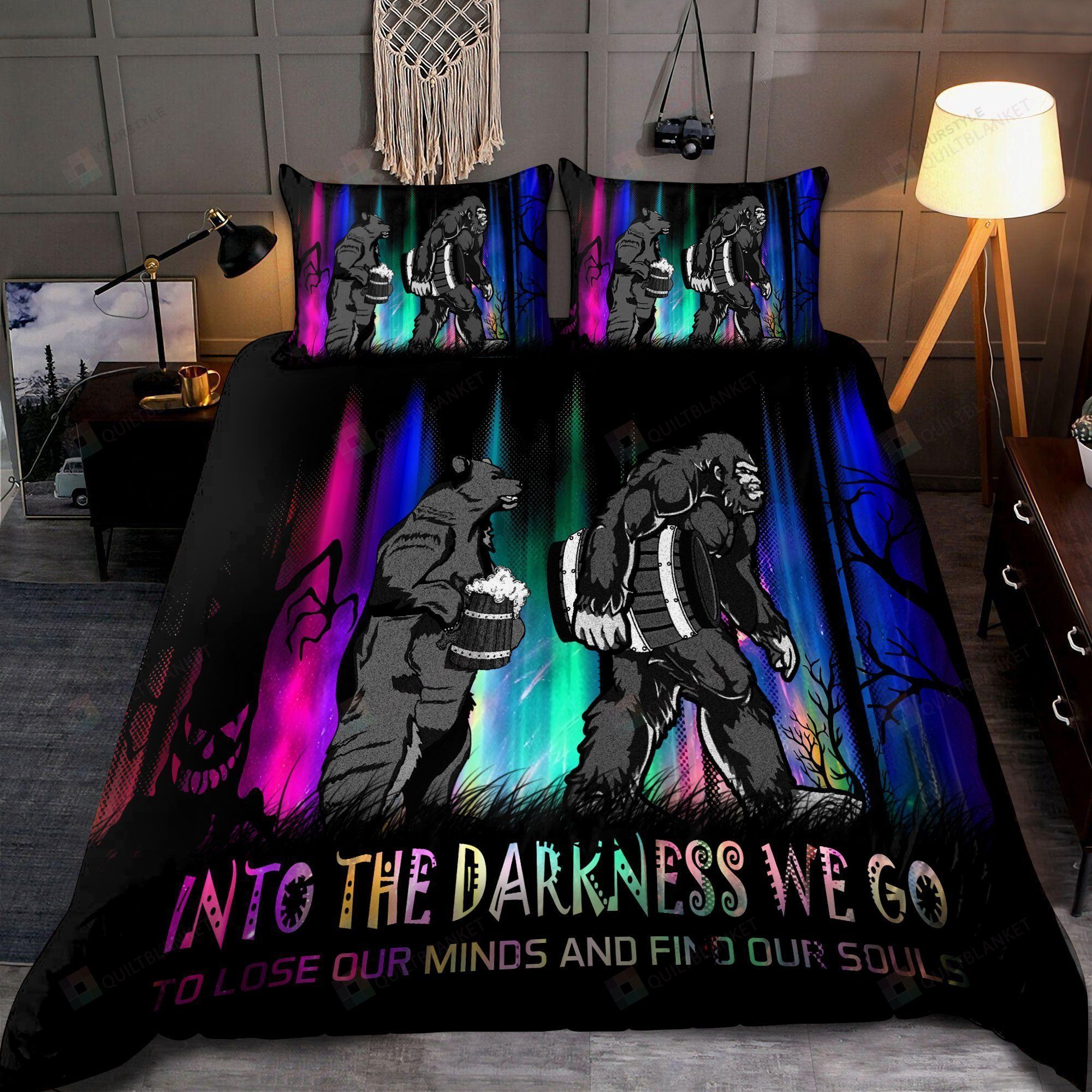 Bigfoot With Beer Into The Darkness We Go Bedding Set Bed Sheets Spread Comforter Duvet Cover Bedding Sets