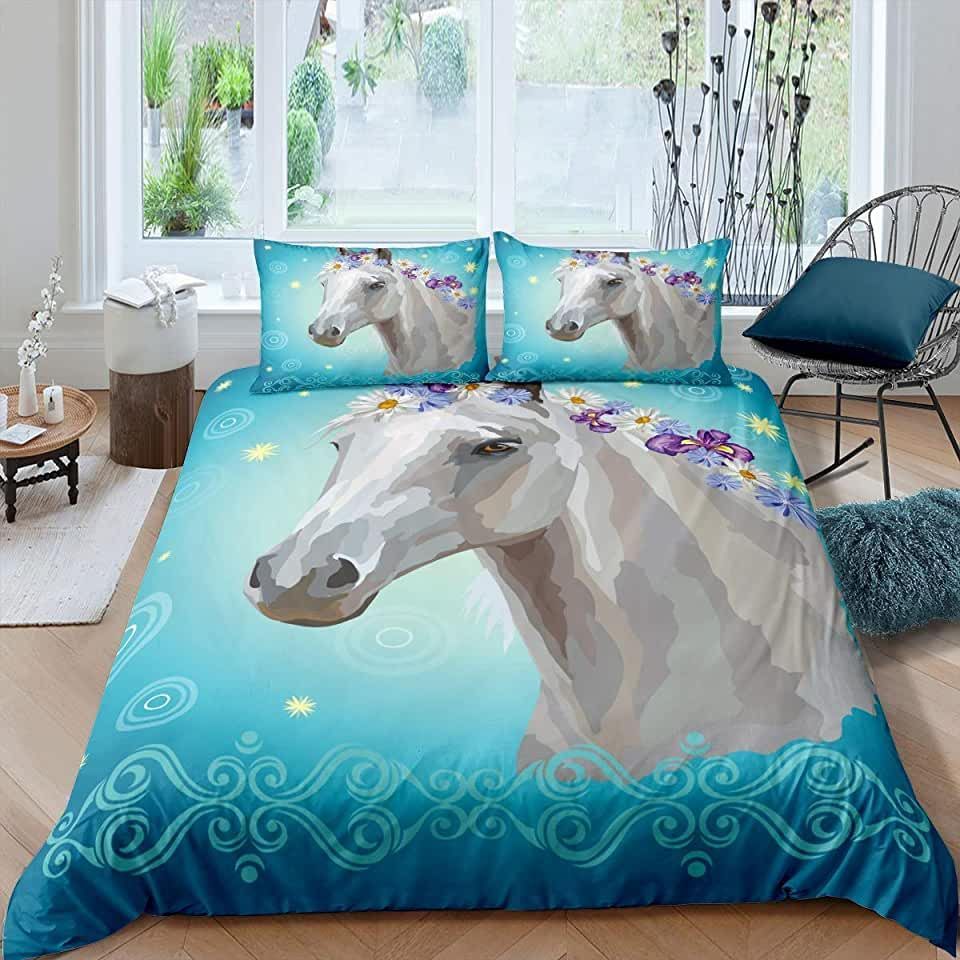 Horse Pattern Blue Bedding Set Bed Sheets Spread Comforter Duvet Cover Bedding Sets