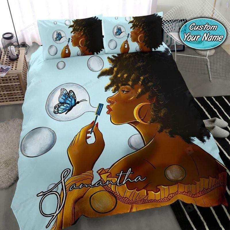 Black Girl Bubble Butterfly Bedding Custom Name Duvet Cover Bedding Set