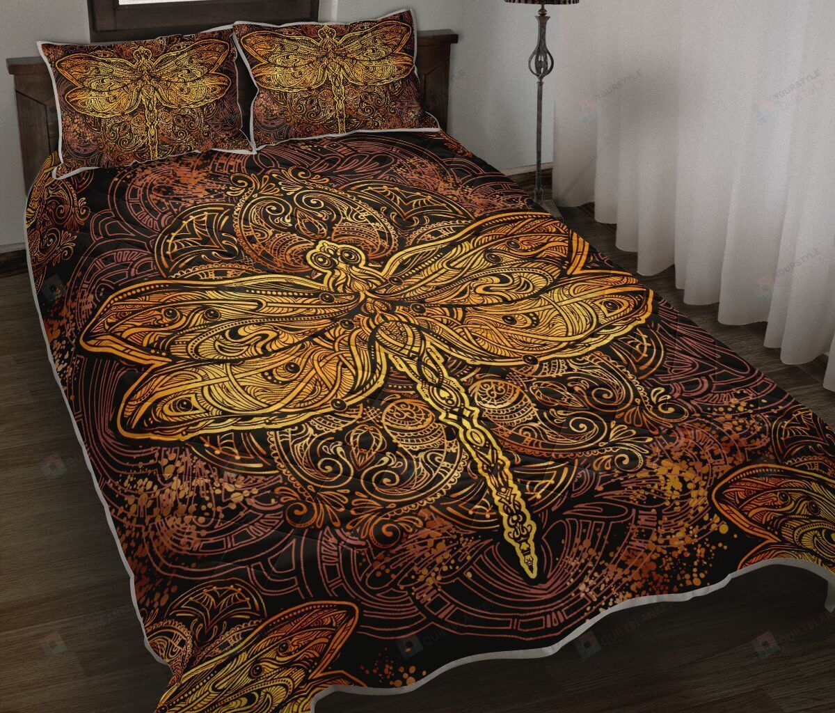 Dragonfly Mandala Gold Background Quilt Bedding Set