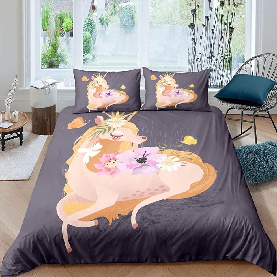 Unicorn With Flower  Bedding Set Bed Sheets Spread Comforter Duvet Cover Bedding Sets