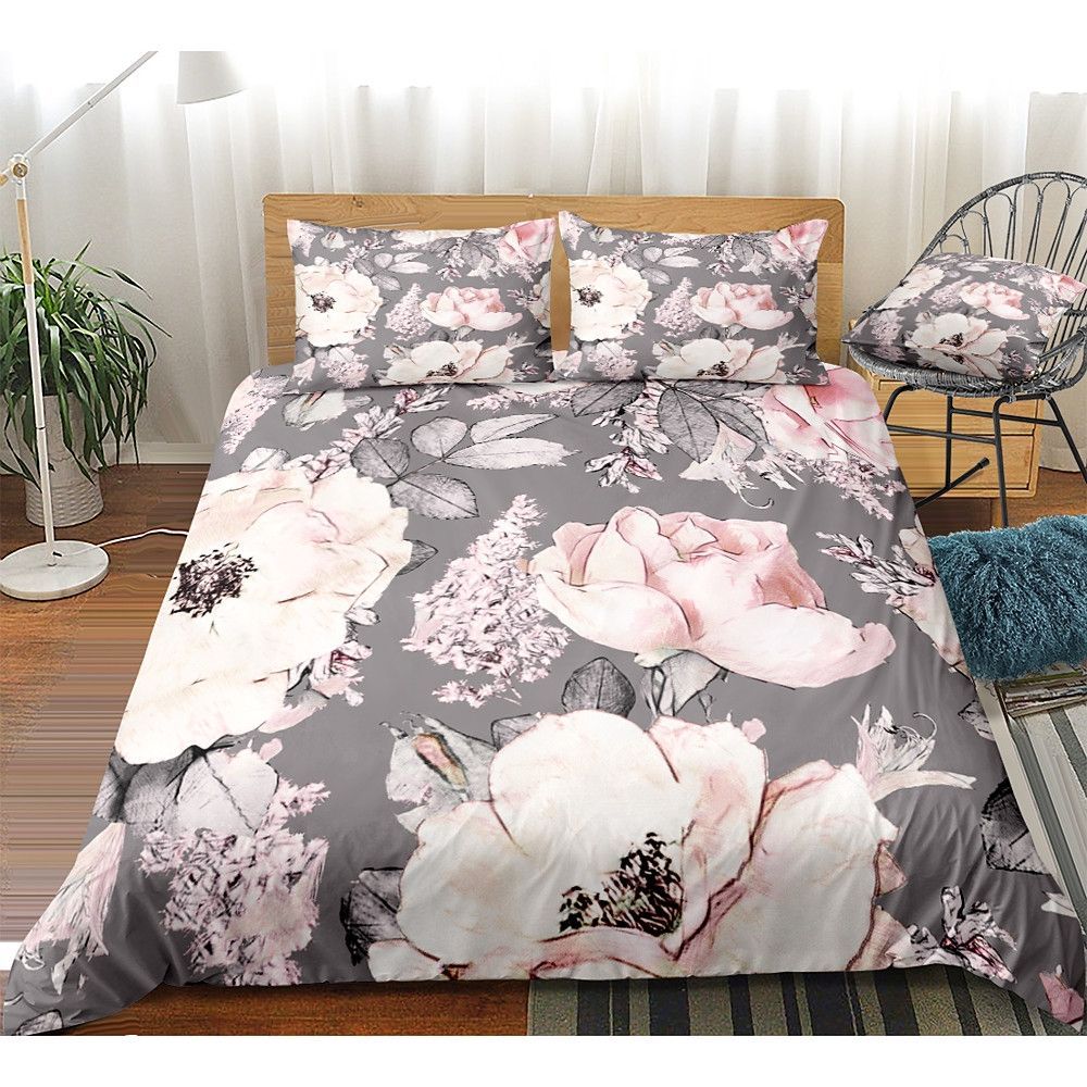 Flower Gey Bedding Set  Bed Sheets Spread Comforter Duvet Cover Bedding Sets