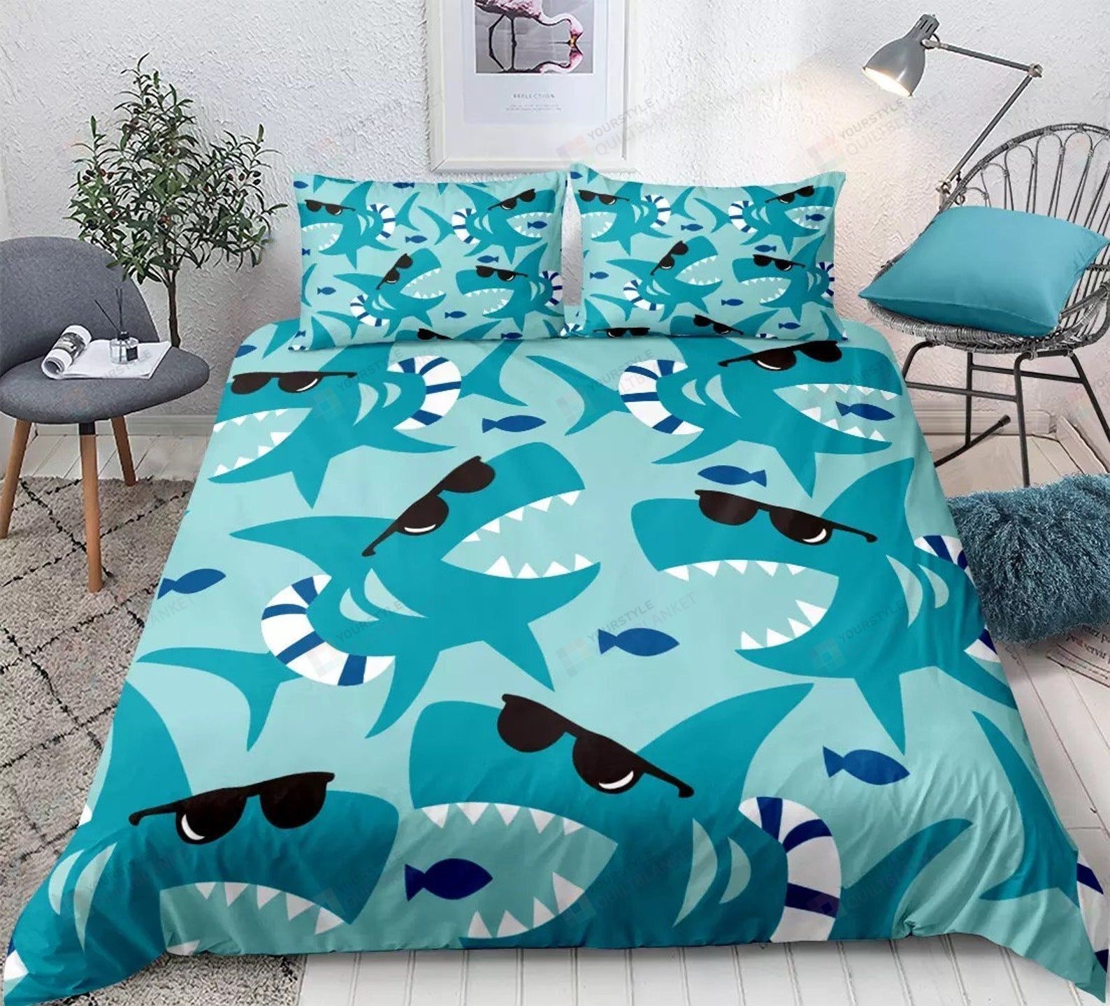 Shark With Sunglasses Bed Sheets Spread Duvet Cover Bedding Sets