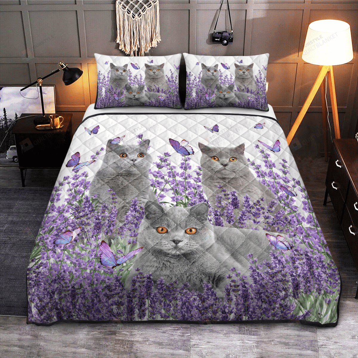 British Shorthair Cat In Lavender Garden Quilt Bedding Set