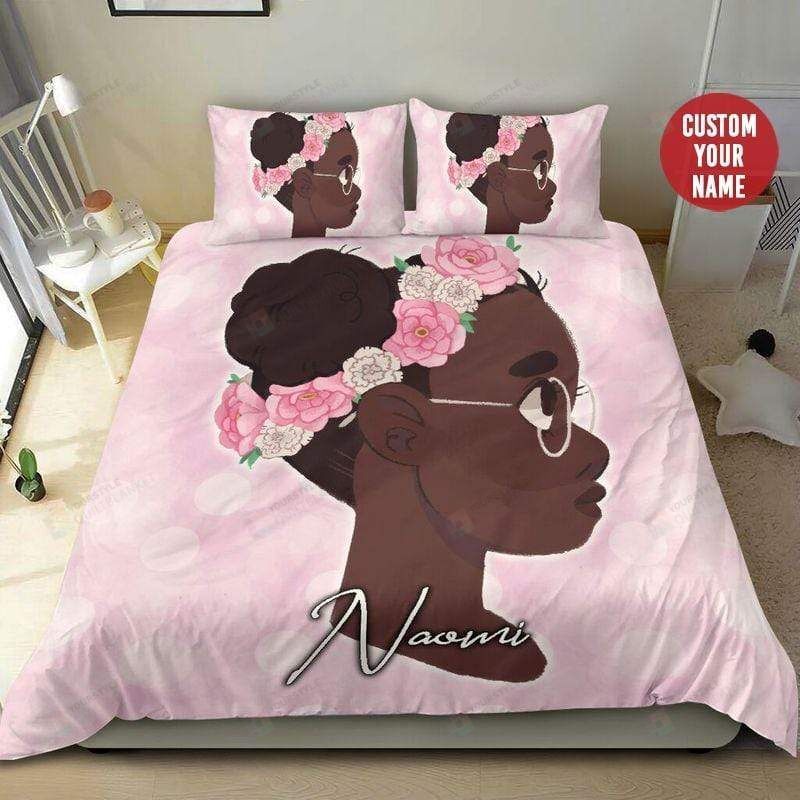 Black Girl Wreath Flower Custom Name Duvet Cover Bedding Set