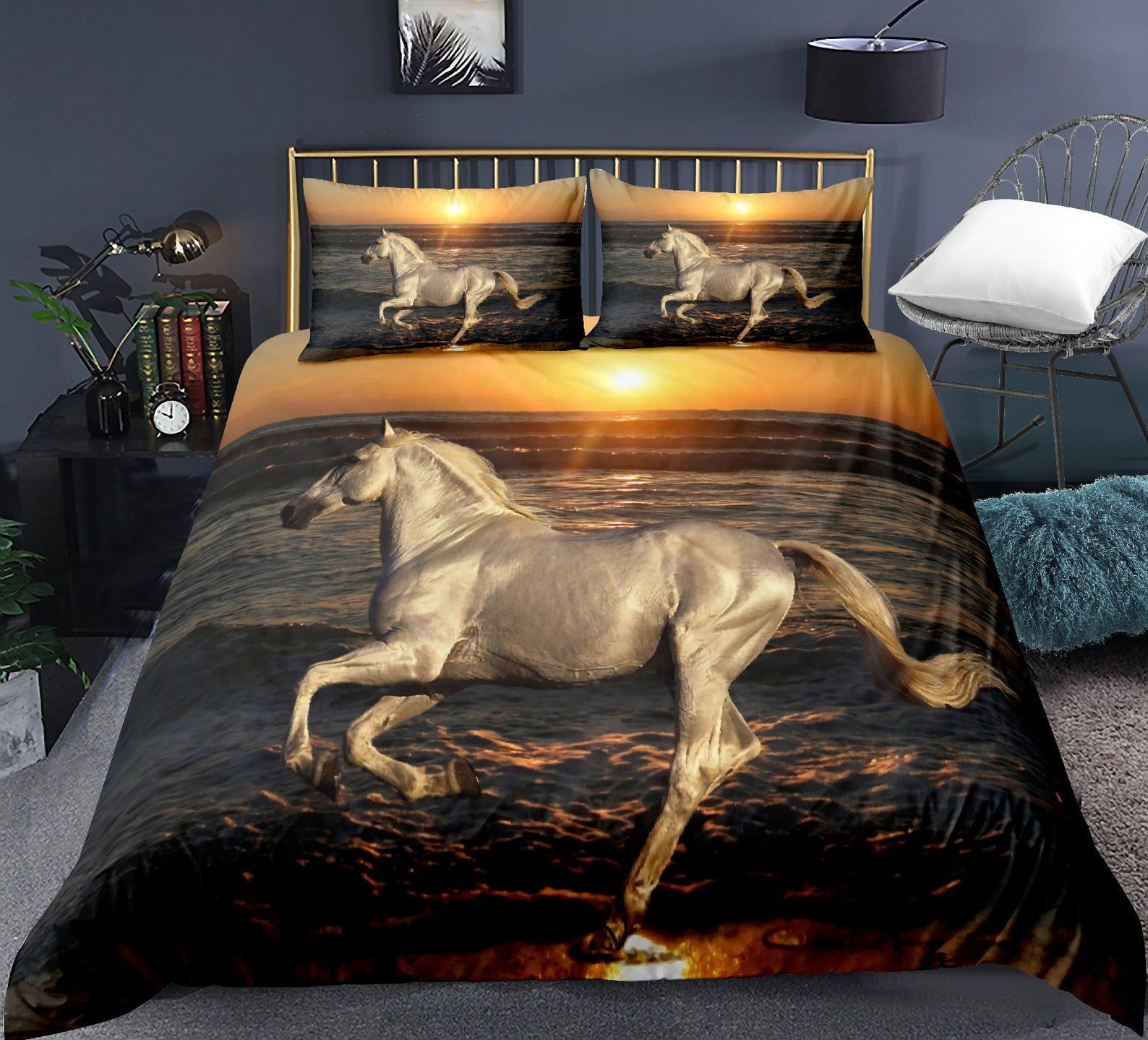 White Horse Running On The Beach Bedding Set Bed Sheets Spread Comforter Duvet Cover Bedding Sets