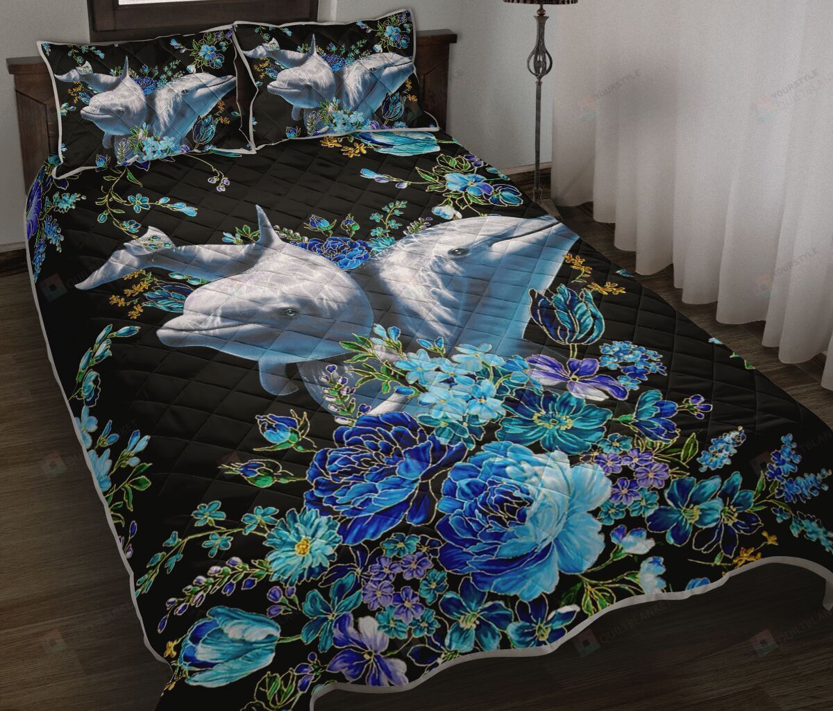 Dolphin Flower Gold Metallic Quilt Bedding Set