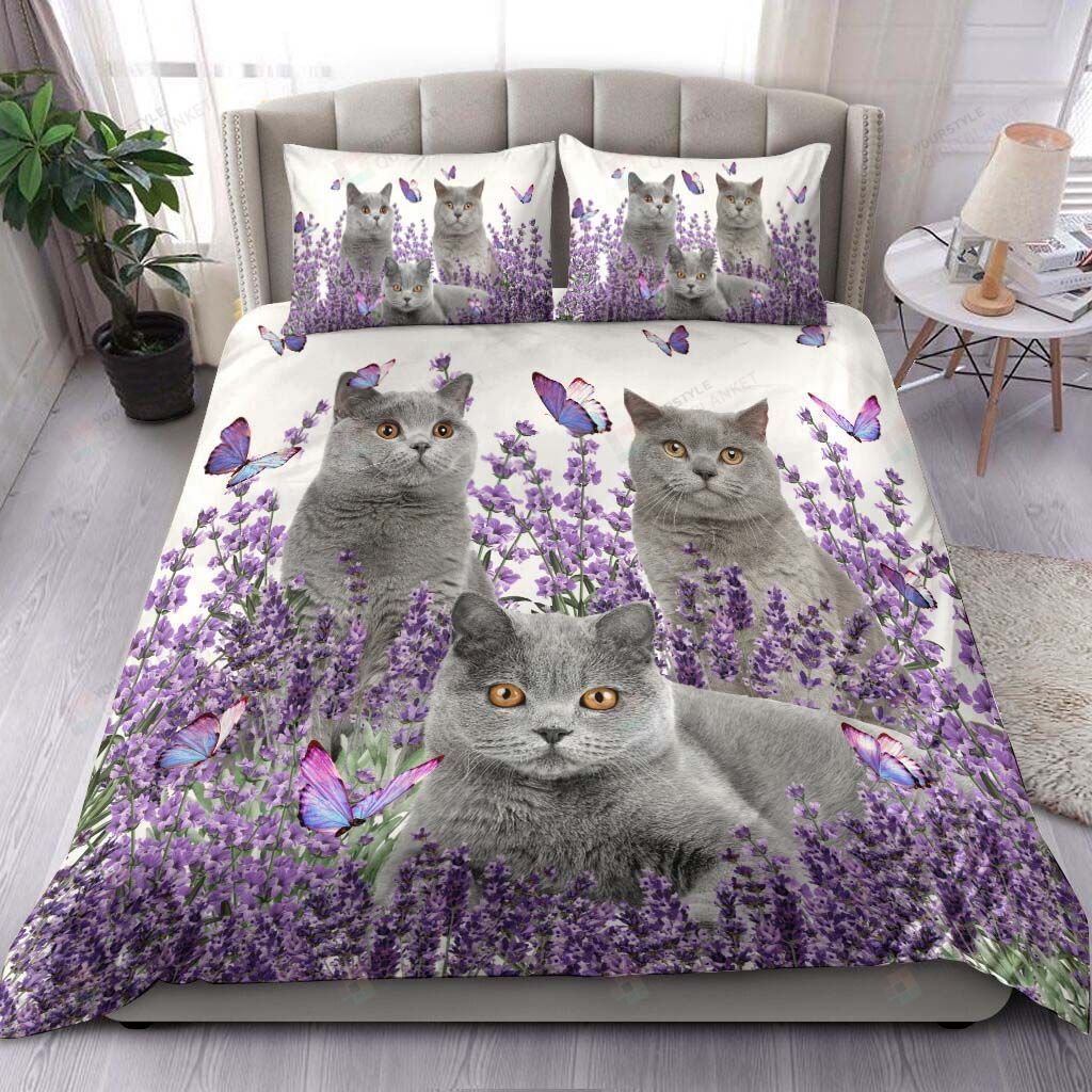 British Shorthair Cat With Lavender Flower Bedding Set Bed Sheet Spread Comforter Duvet Cover Bedding Sets