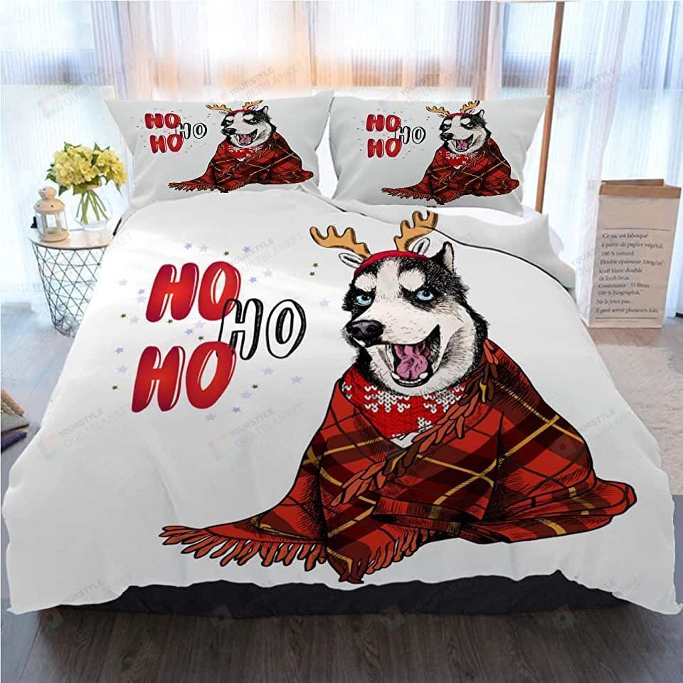 Husky Dog Wearing Deer Christmas Ho Ho Ho Bedding Set Bed Sheets Spread Comforter Duvet Cover Bedding Sets